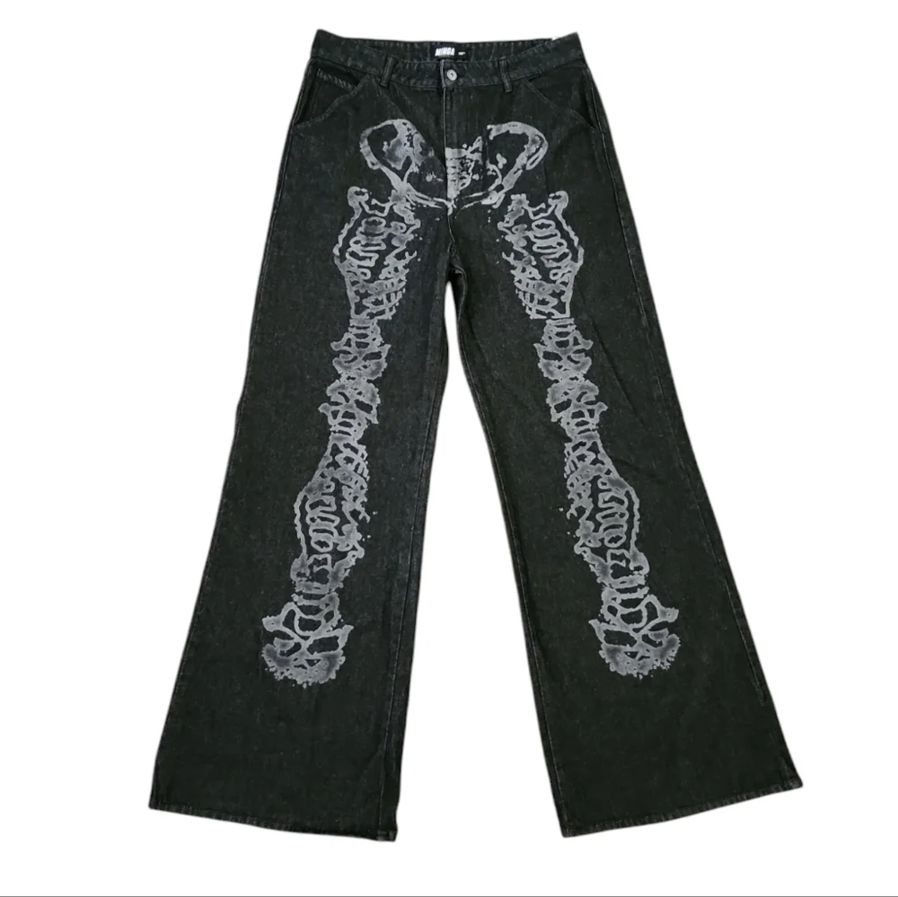 Minga London Bones Black Washed Denim Jeans Skeleton Print Wide Baggy Leg SZ 36 - Picture 3 of 16